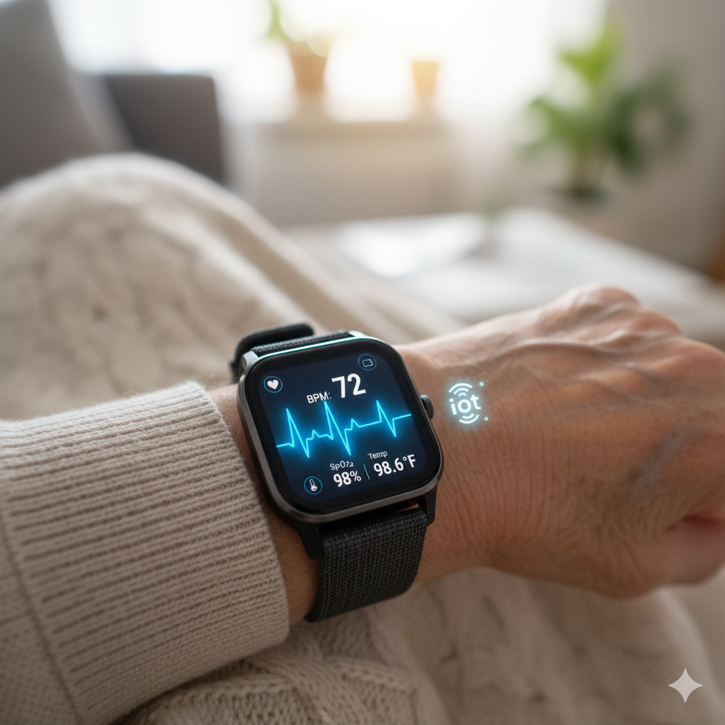 Nurse caring for elderly patient with wearable health monitoring device
